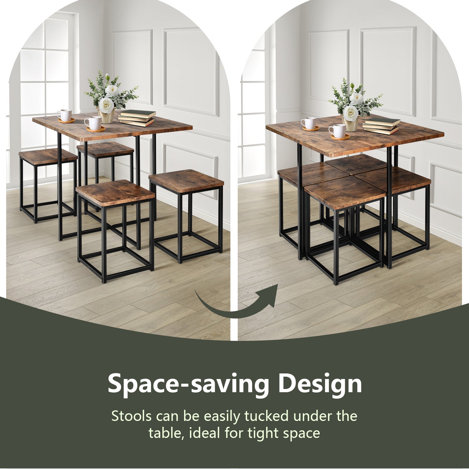 5 Pieces Metal Frame Dining Set with Compact Dining Table and 4 Stools , Walnut Dining Room Sets at Gallery Canada