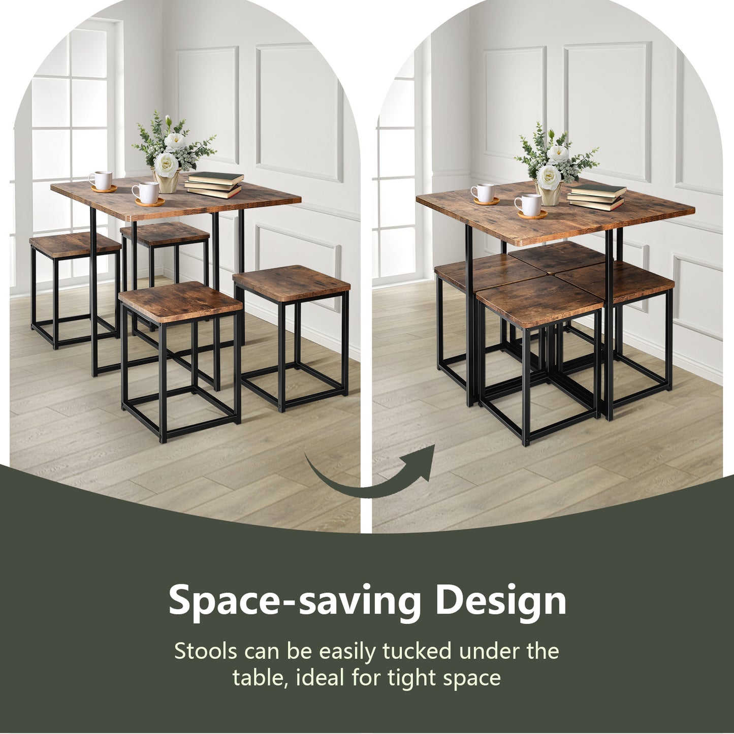 5 Pieces Metal Frame Dining Set with Compact Dining Table and 4 Stools , Walnut Dining Room Sets at Gallery Canada