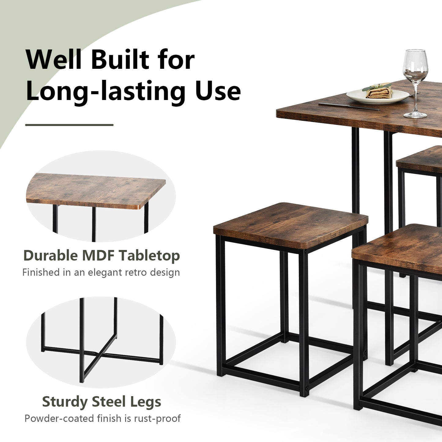 5 Piece Metal Frame Dining Set, Compact Table And 4 Stools, Walnut Dining Room Sets at Gallery Canada