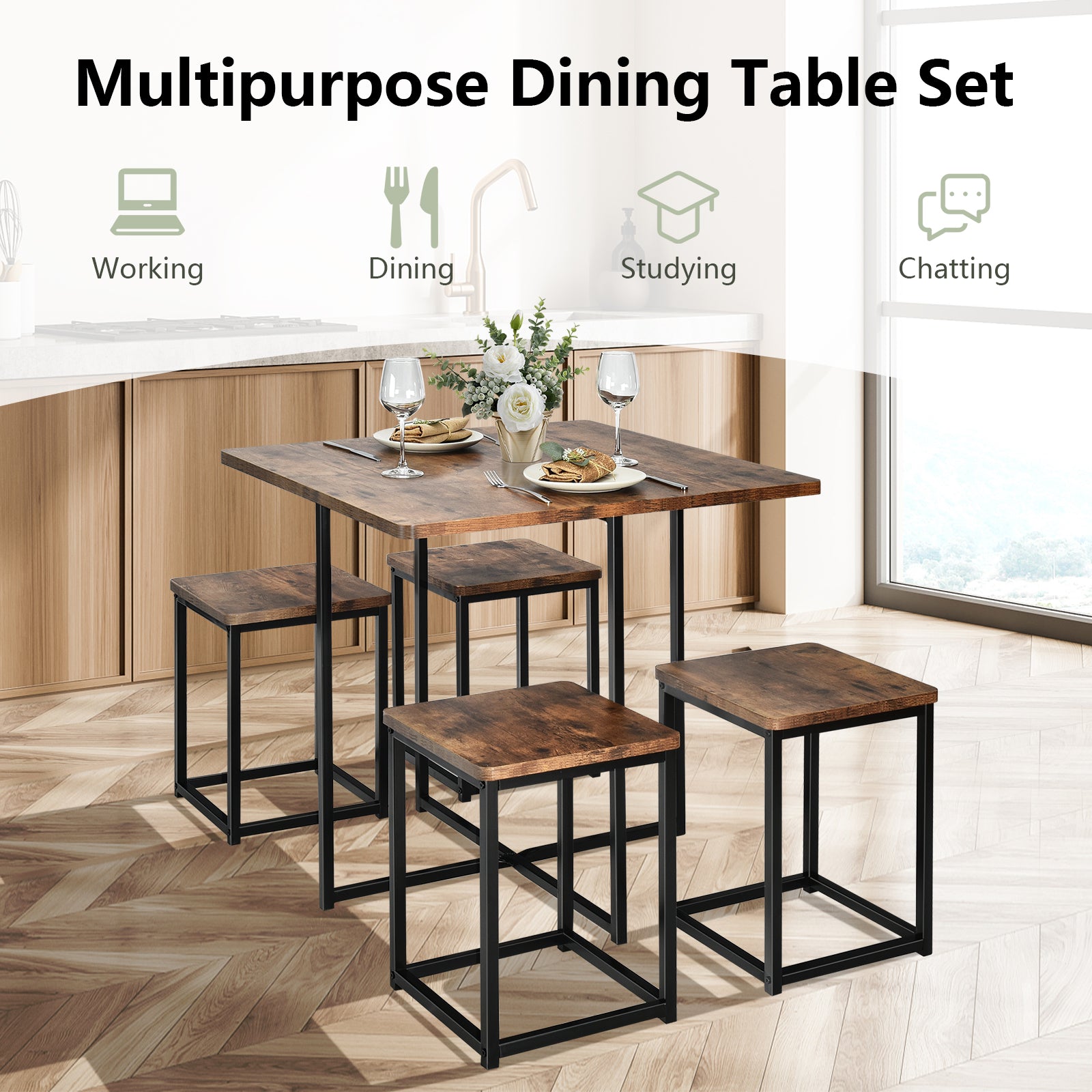 5 Pieces Metal Frame Dining Set with Compact Dining Table and 4 Stools , Walnut Dining Room Sets at Gallery Canada