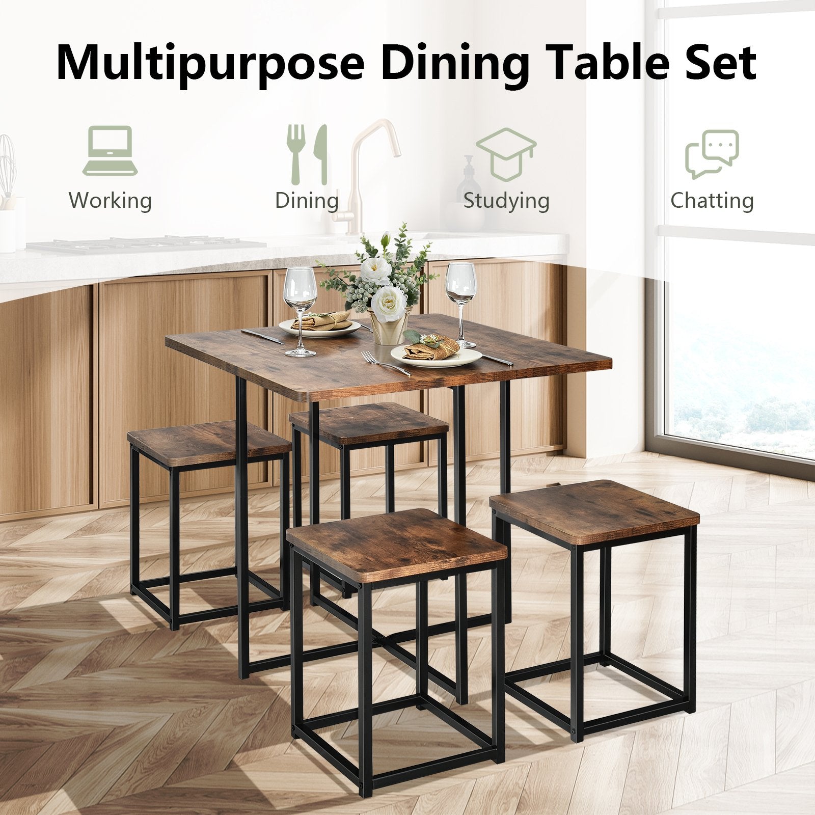 5 Pieces Metal Frame Dining Set with Compact Dining Table and 4 Stools , Walnut at Gallery Canada
