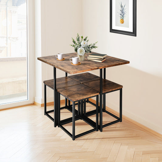 5 Piece Metal Frame Dining Set, Compact Table And 4 Stools, Walnut Dining Room Sets Walnut at Gallery Canada