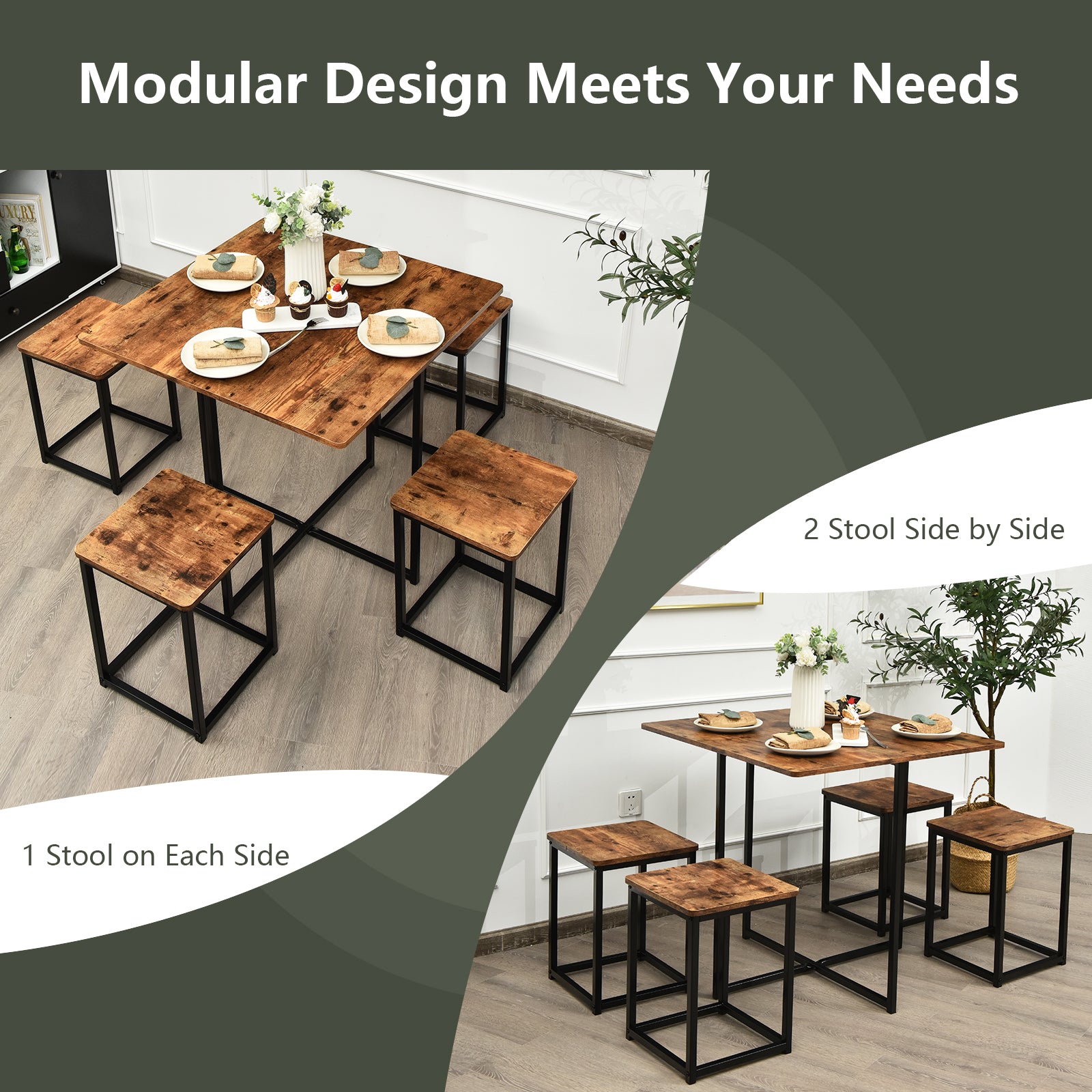 5 Pieces Metal Frame Dining Set with Compact Dining Table and 4 Stools , Walnut Dining Room Sets at Gallery Canada