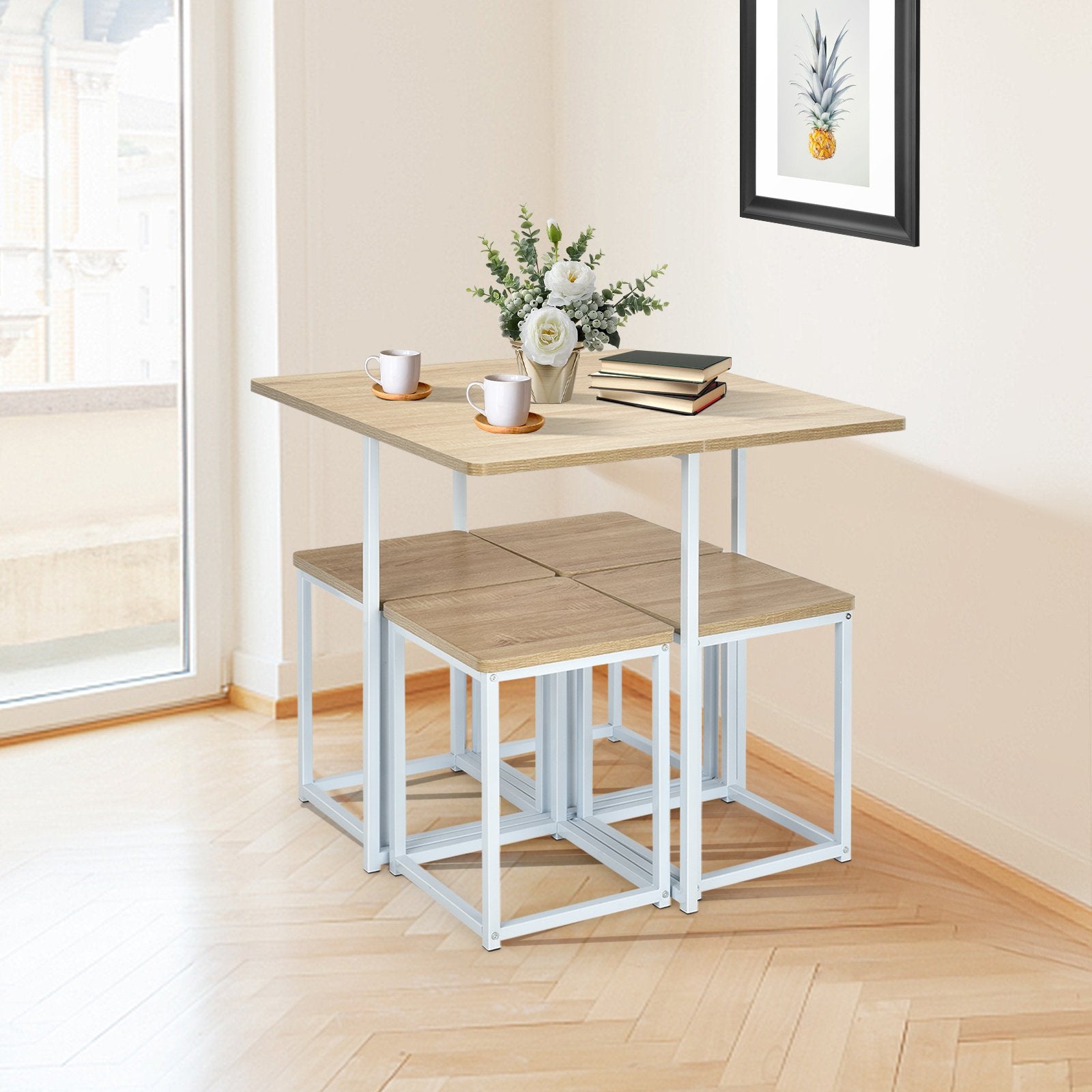 5 Pieces Metal Frame Dining Set with Compact Dining Table and 4 Stools, Natural at Gallery Canada