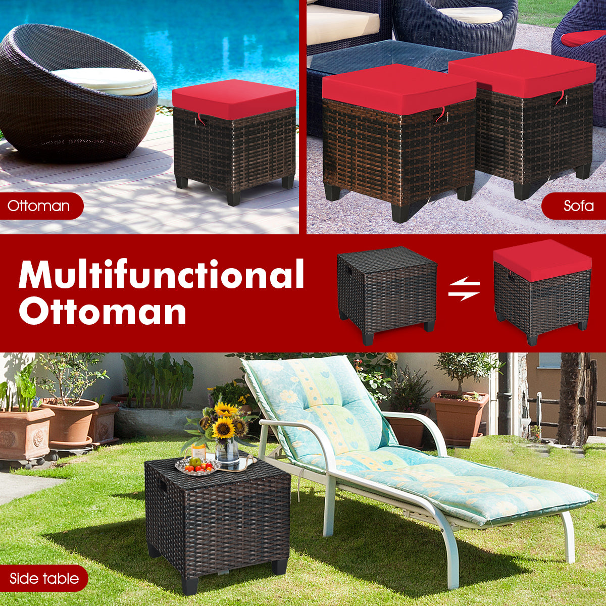 Patio Rattan Ottoman, Cushioned Seat, 2PCS, Red