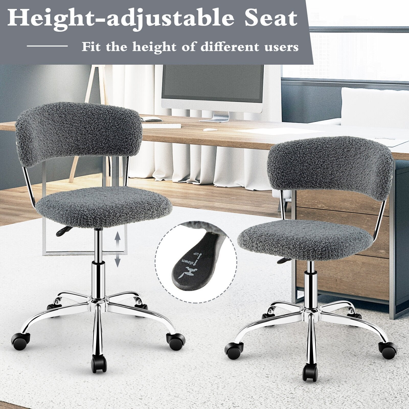 Computer Desk Chair Adjustable Sherpa Office Chair Swivel Vanity Chair, Gray at Gallery Canada