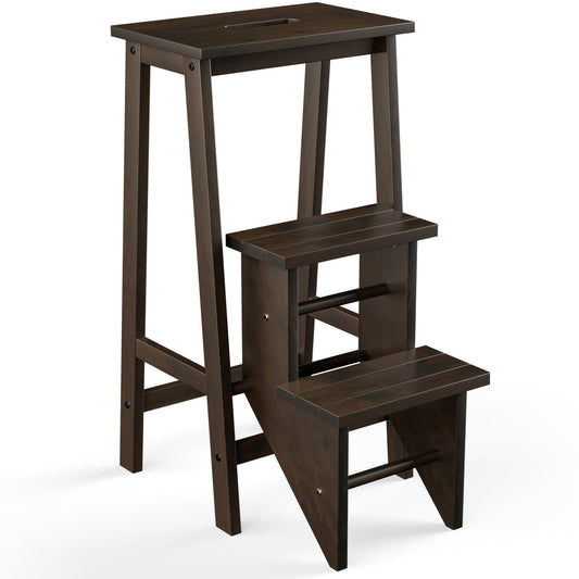 3-in-1 Rubber Wood 3 Tier Folding Step Stool Ladder Storage Shelf, Brown at Gallery Canada