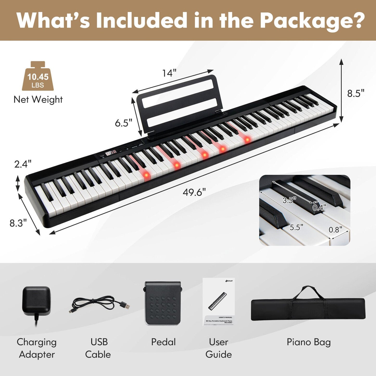 88-Key Portable Electric Lighted Keyboard Piano, Black