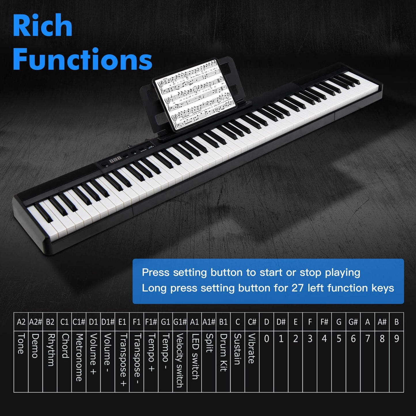 88-Key Portable Electric Lighted Keyboard Piano, Black