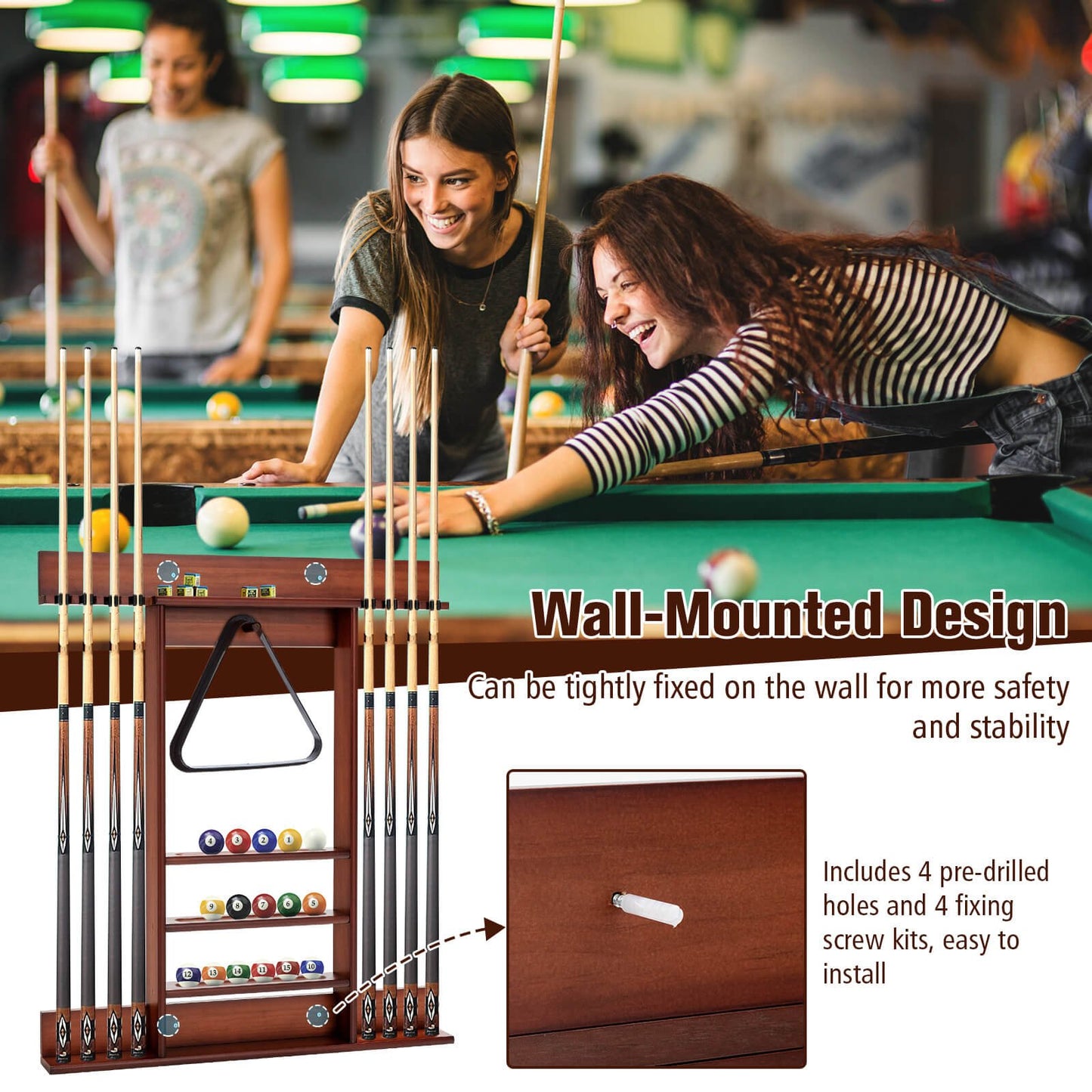Wall-mounted Billiards Pool Cue Rack Only, Brown