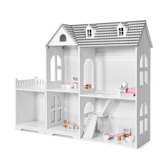 2-Tier Dollhouse Bookcase with Sufficient Storage Space, Gray