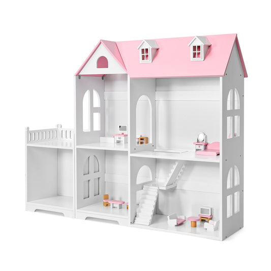 2-Tier Dollhouse Bookcase with Sufficient Storage Space, Pink
