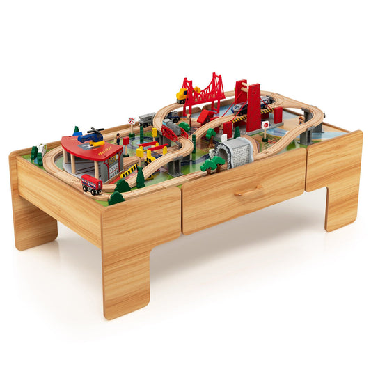 Kids Double-Sided Wooden Train Table Playset with Storage Drawer, Natural at Gallery Canada