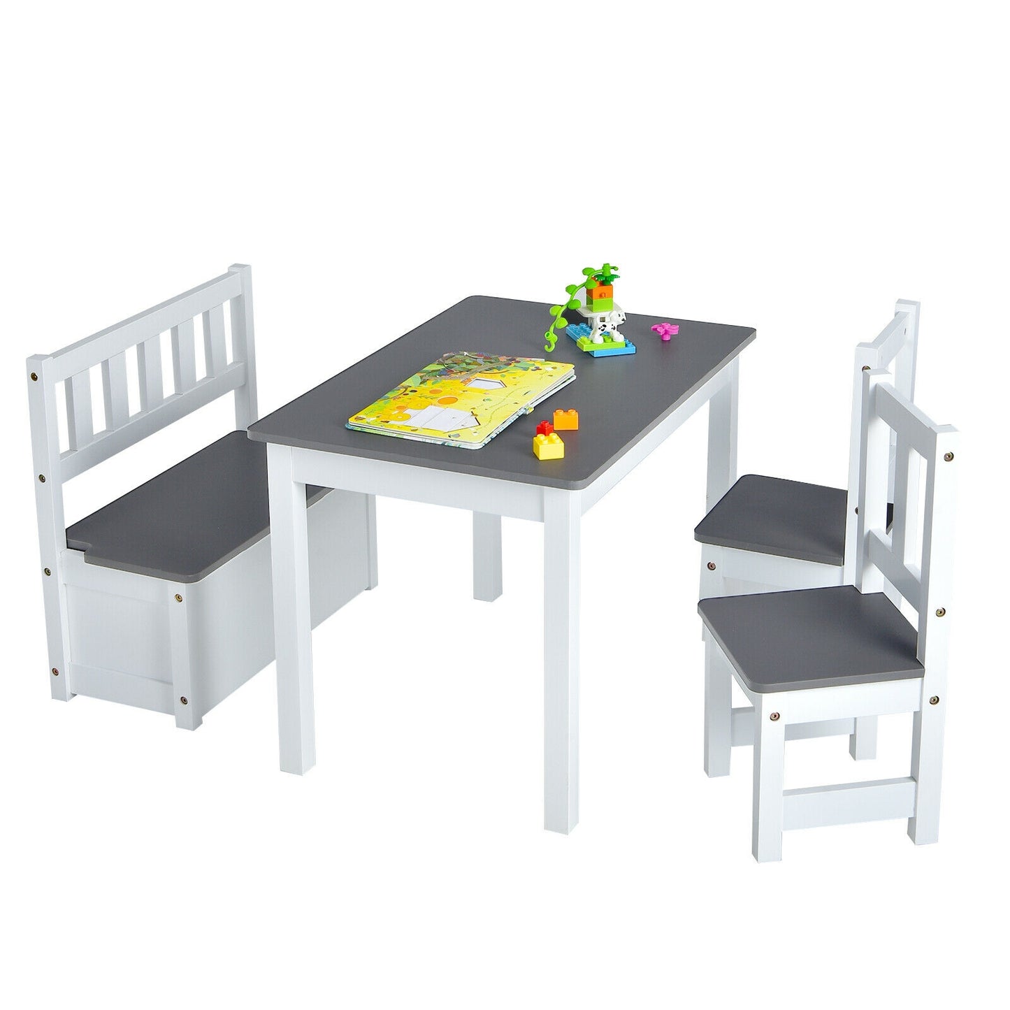 4 Pieces Kids Wooden Activity Table and Chairs Set with Storage Bench and Study Desk, Gray Kids Table & Chair Sets at Gallery Canada