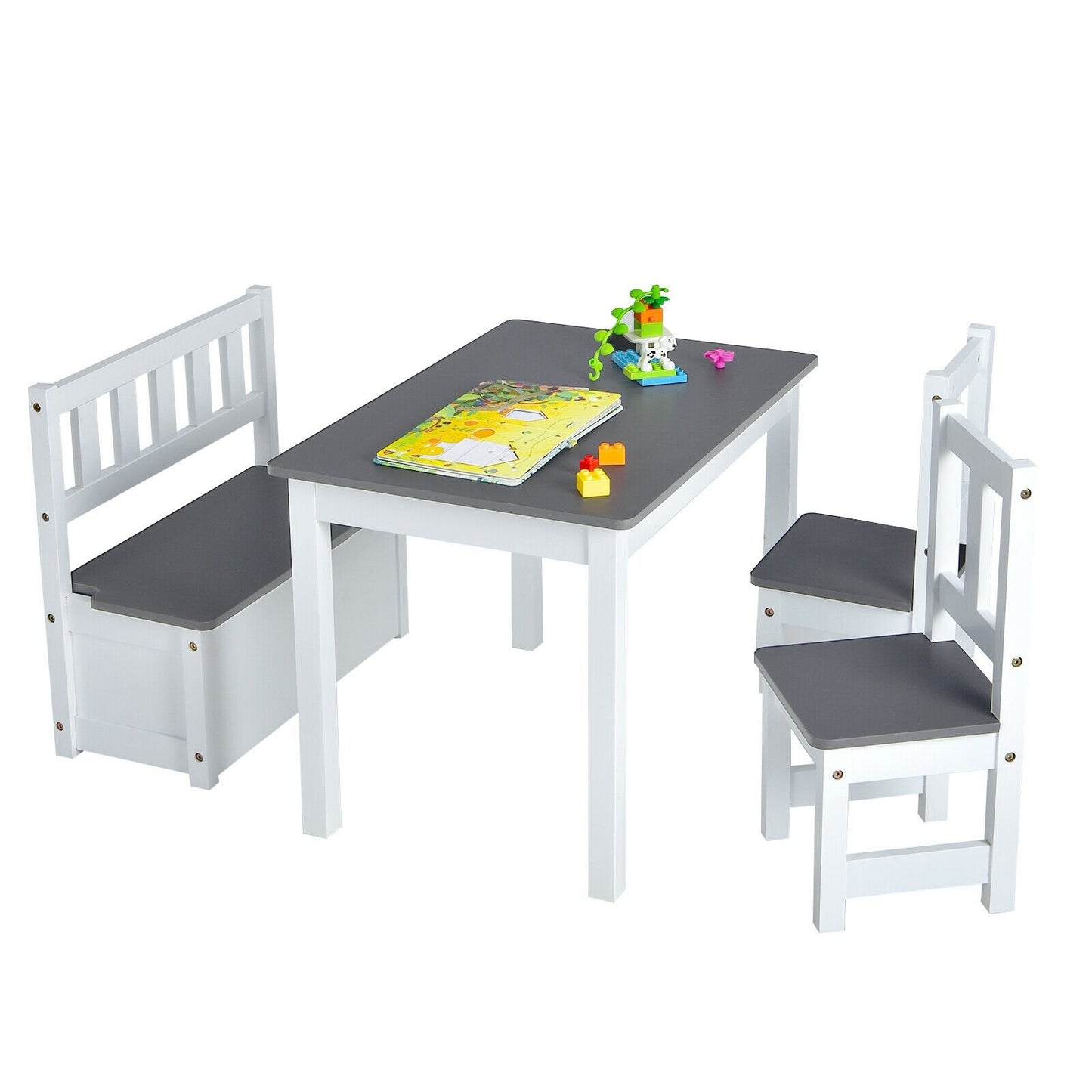 4 Pieces Kids Wooden Activity Table and Chairs Set with Storage Bench and Study Desk, Gray at Gallery Canada