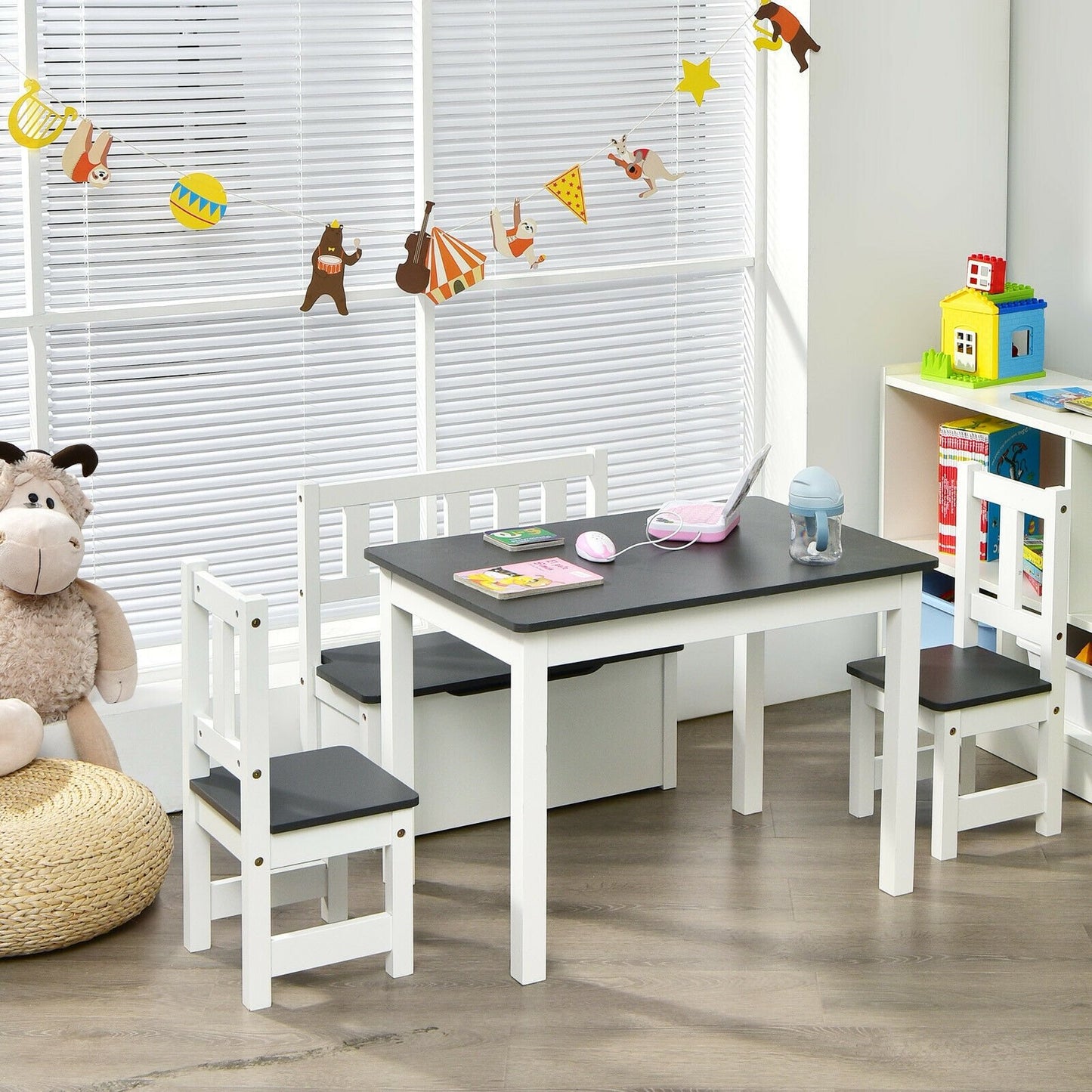 4 Pieces Kids Wooden Activity Table and Chairs Set with Storage Bench and Study Desk, Gray at Gallery Canada