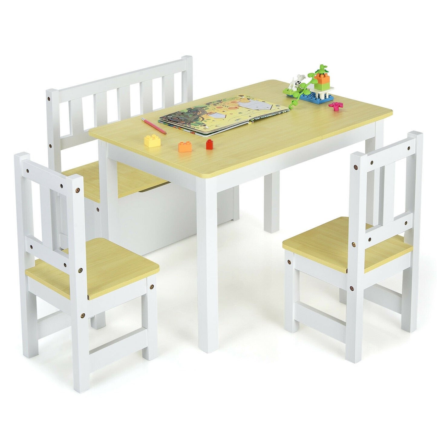 4 Pieces Kids Wooden Activity Table and Chairs Set with Storage Bench and Study Desk, Natural at Gallery Canada