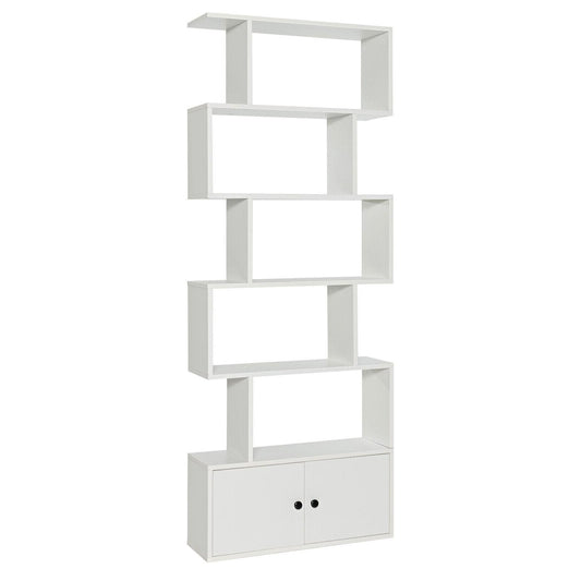 6-Tier S-Shaped Freestanding Bookshelf with Cabinet and Doors, White