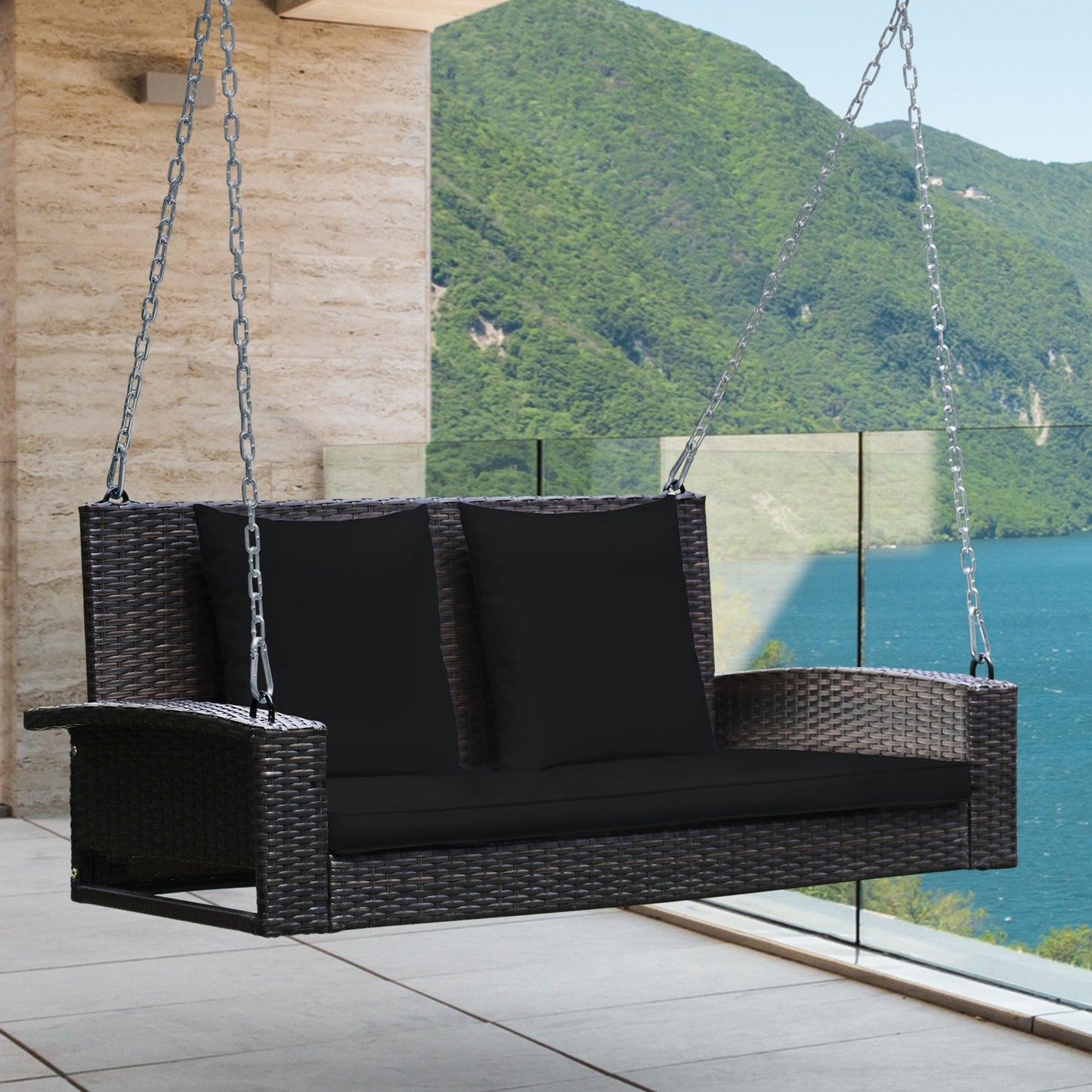 2-Person Patio Rattan Swing With Cushions, Black Porch Swings at Gallery Canada