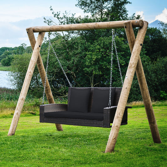 2-Person Patio Rattan Swing With Cushions, Black