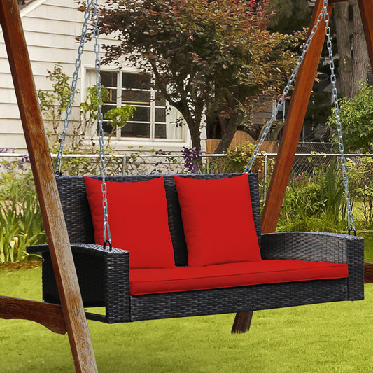2-Person Patio Rattan Swing With Cushions, Red