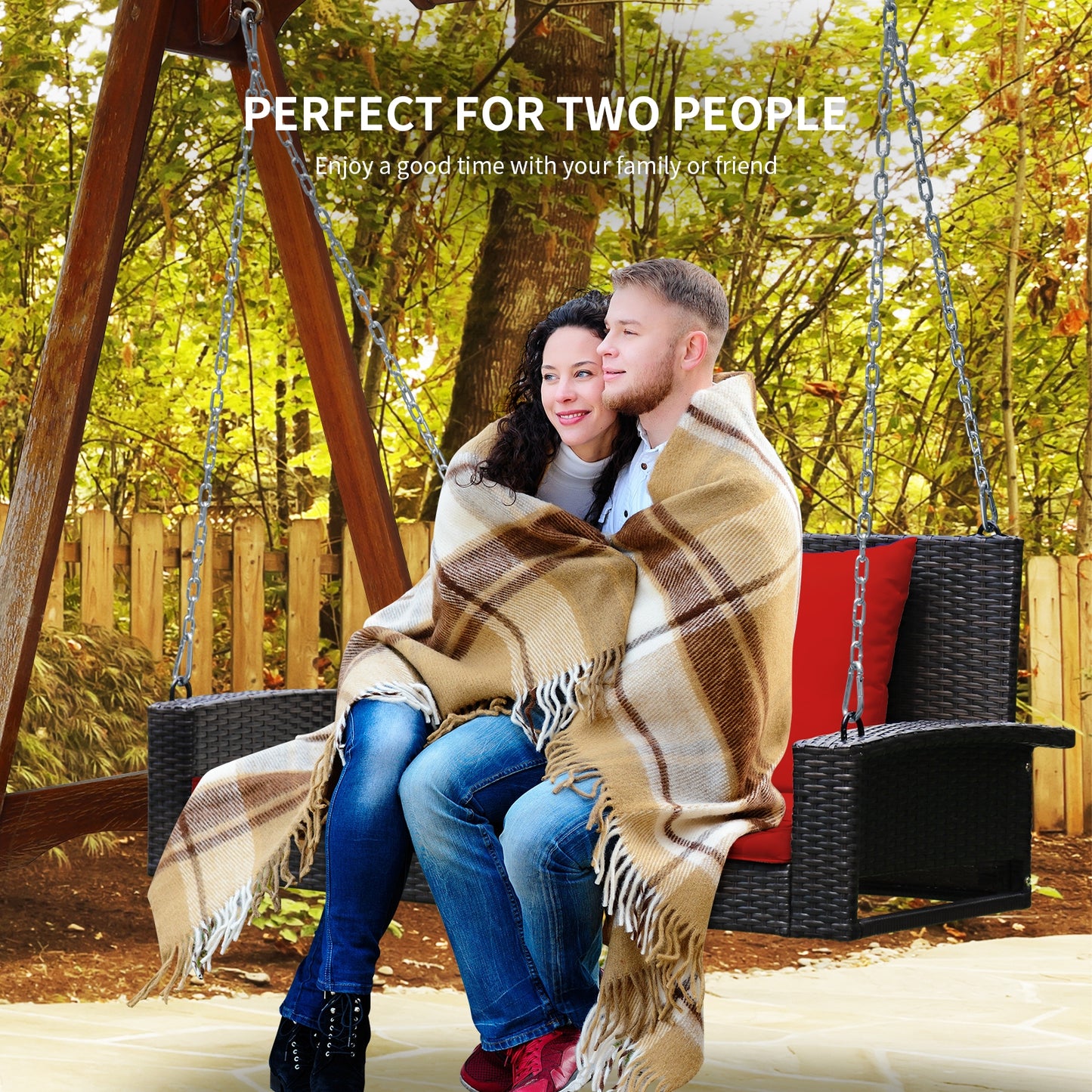 2-Person Patio Rattan Porch Swing with Cushions, Red Porch Swings at Gallery Canada