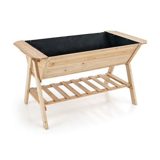 Raised Wood Garden Bed with Shelf and Liner, Natural