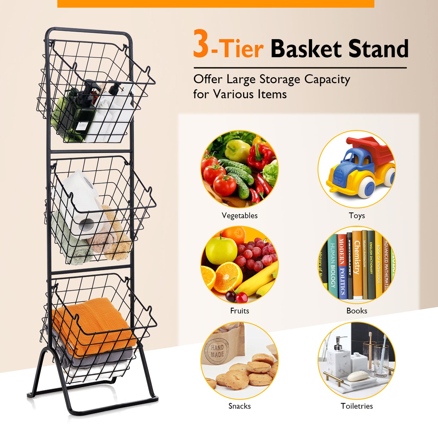 3-Tier Adjustable Fruit Basket Stand, Black Kitchen Organization at Gallery Canada