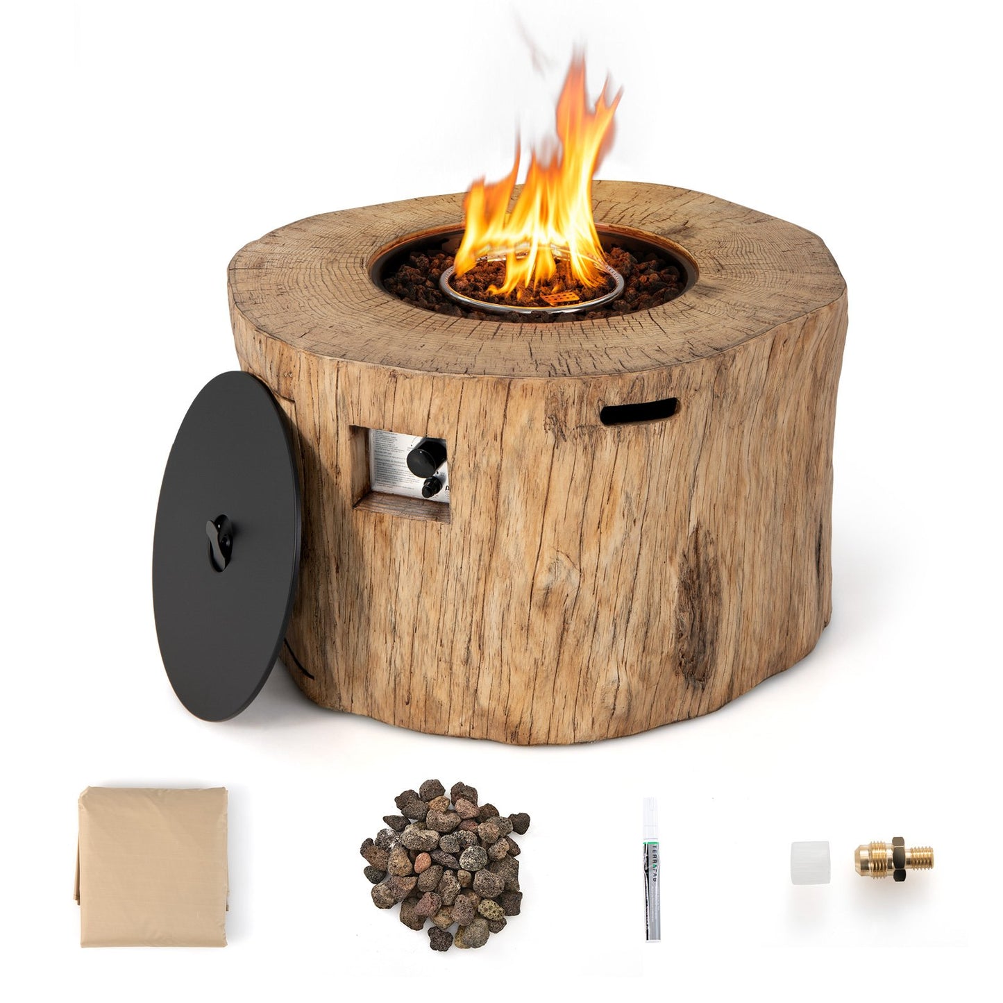 40 Inch Round Propane Gas Fire Pit Table Wood-Like Surface with Laval Rock PVC Cover, Natural at Gallery Canada