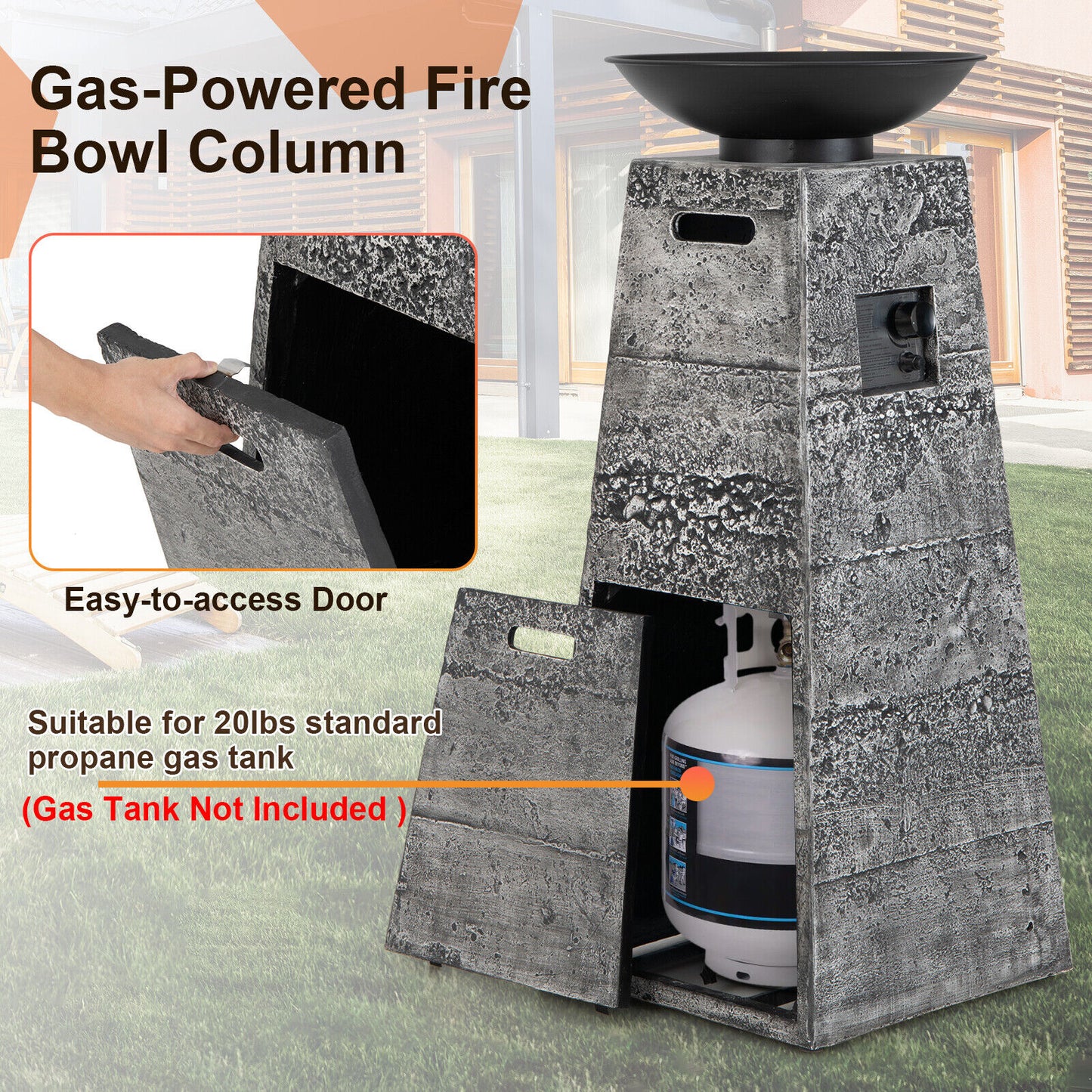 48 Inch Propane Fire Bowl Column, Lava Rocks, PVC Cover, Gray Fire Pits at Gallery Canada