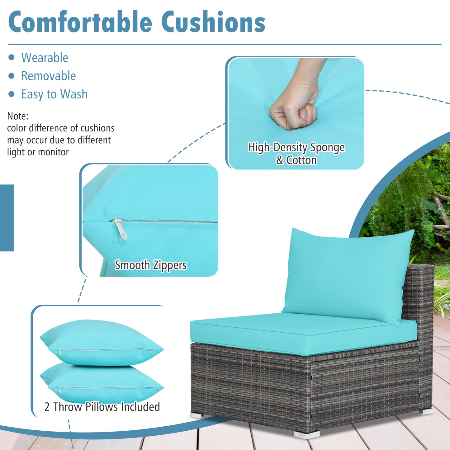 7 Piece Patio Rattan Furniture Set, Sectional Sofa Cushioned, Turquoise Outdoor Sectionals at Gallery Canada