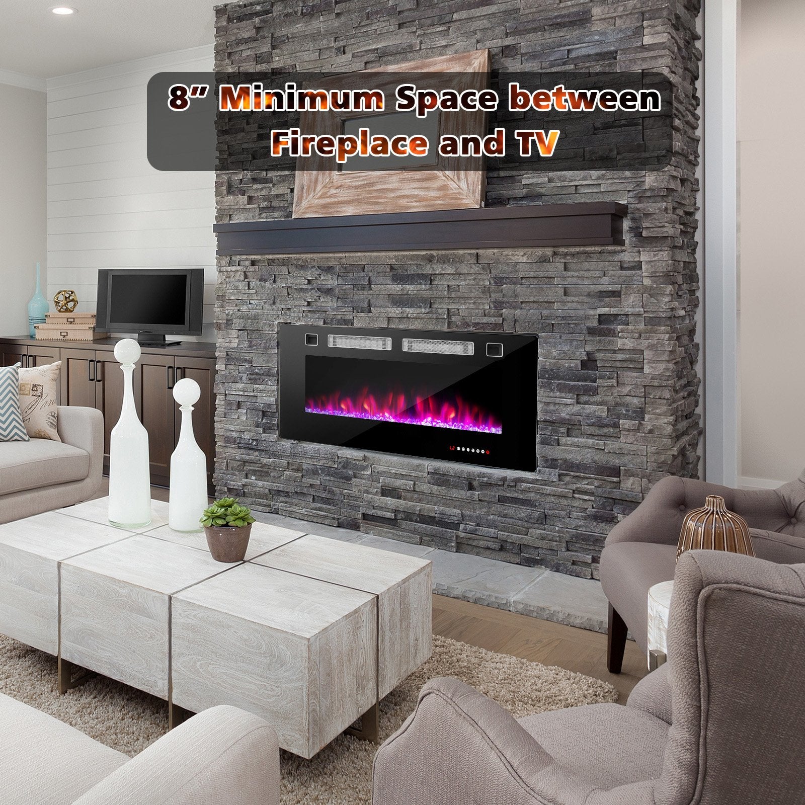 42 Inch Ultra-Thin Electric Fireplace with Decorative Crystals and Smart APP Control-42 inch, Black at Gallery Canada