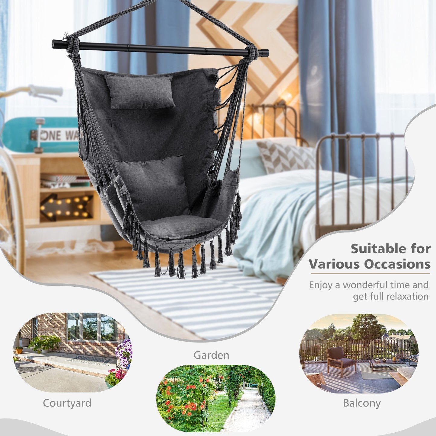 Hanging Rope Swing Chair with Soft Pillow and Cushions, Gray
