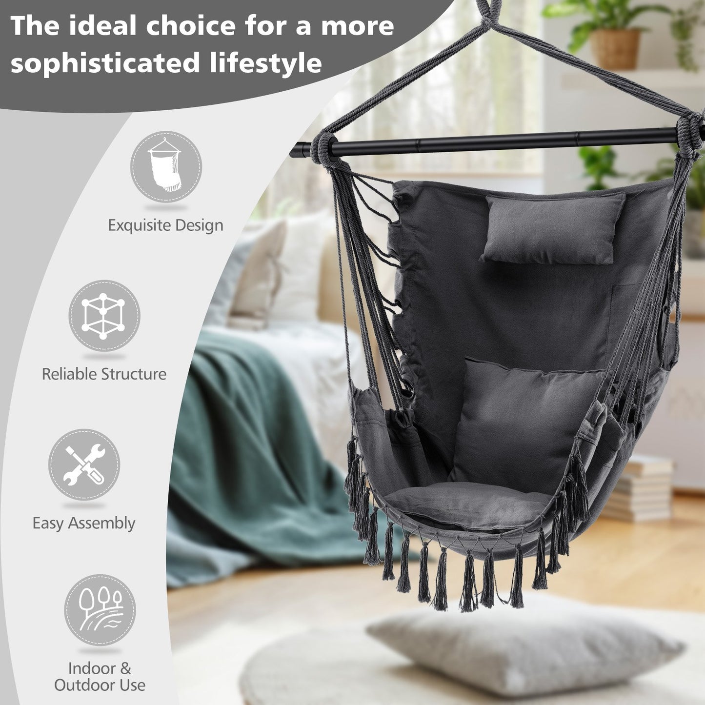 Hanging Rope Swing Chair with Soft Pillow and Cushions, Gray