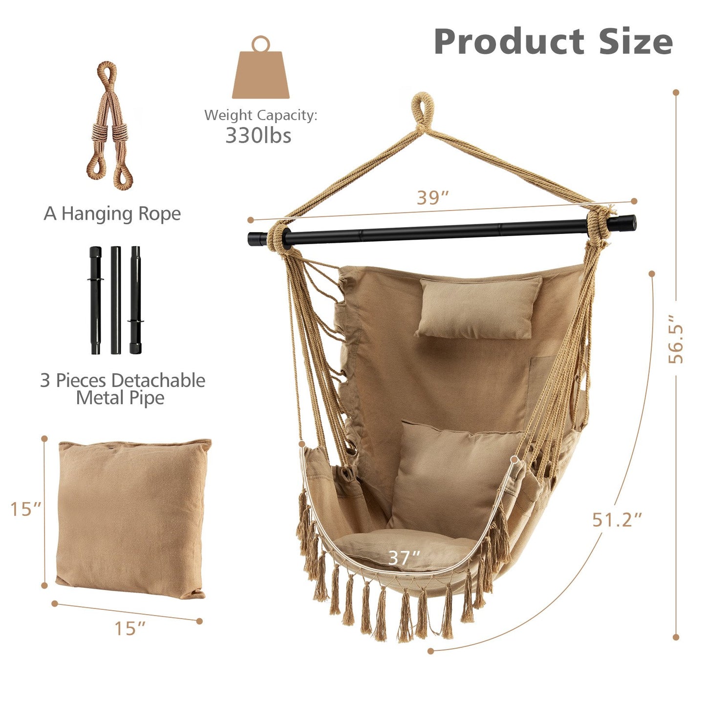 Hanging Rope Swing Chair with Soft Pillow and Cushions, Beige
