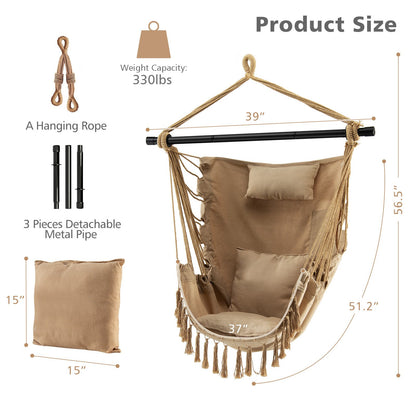 Hanging Rope Swing Chair with Soft Pillow and Cushions, Beige