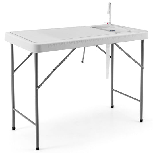 Folding Fish Cleaning Table with Sink and Faucet for Dock Picnic, White
