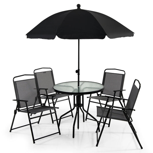 6 Pieces Patio Dining Set Folding Chairs Glass Table Tilt Umbrella for Garden, Gray at Gallery Canada