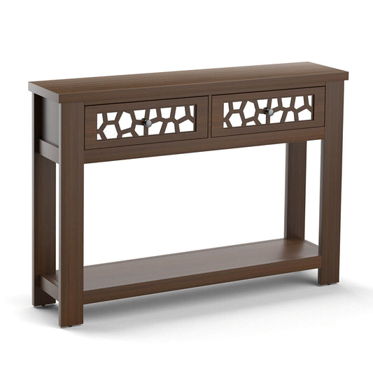 2-Tier Console Table with Drawers and Open Storage Shelf, Brown