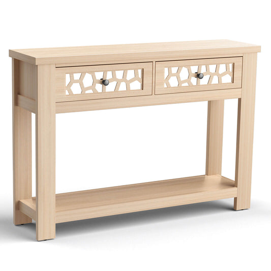 2-Tier Console Table with Drawers and Open Storage Shelf, Natural