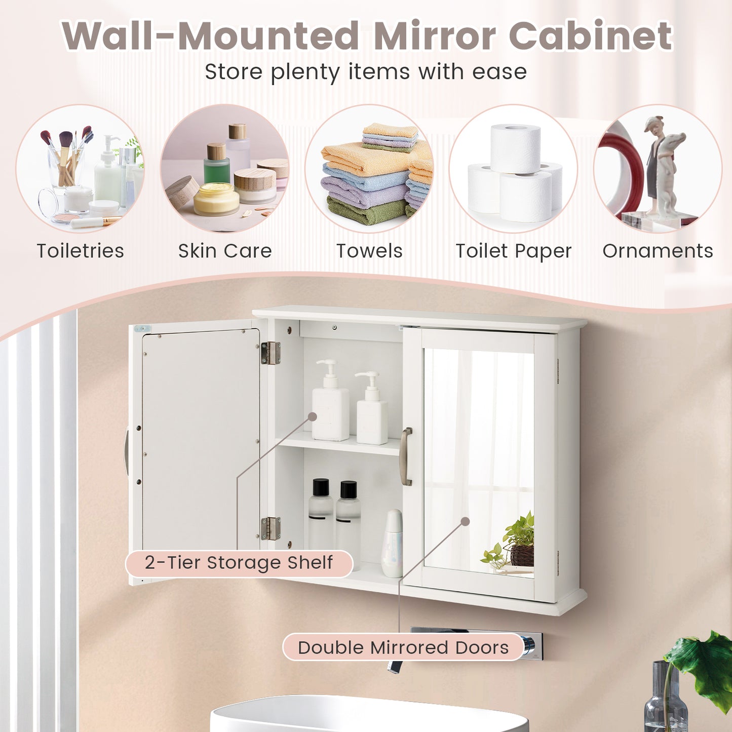 2-Tier Bathroom Mirror Cabinet, Wall-Mounted, White Wall Cabinets at Gallery Canada