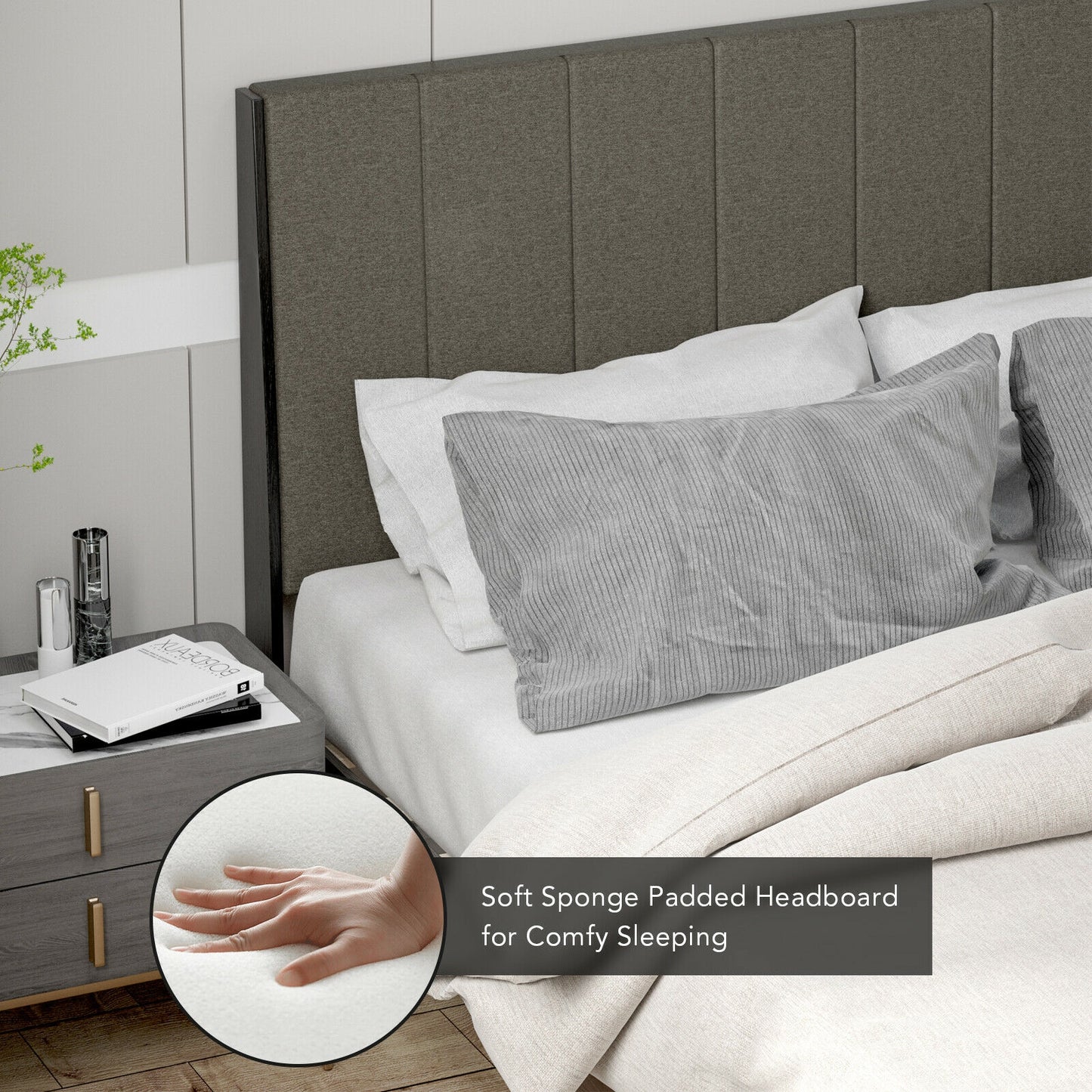Queen Size Upholstered Bed Frame, Tufted Headboard, Gray Simple Bed Frame at Gallery Canada