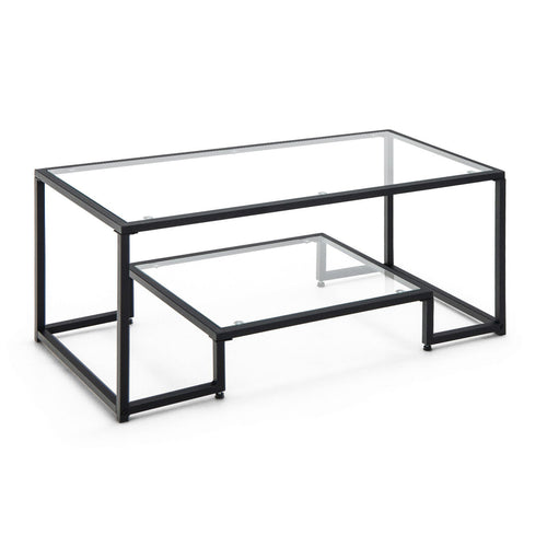 Modern Rectangular Coffee Table with Glass Table Top, Black