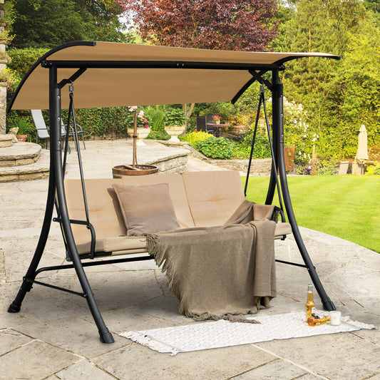 3-Seat Outdoor Porch Swing, Adjustable Canopy, Padded Cushions, Beige
