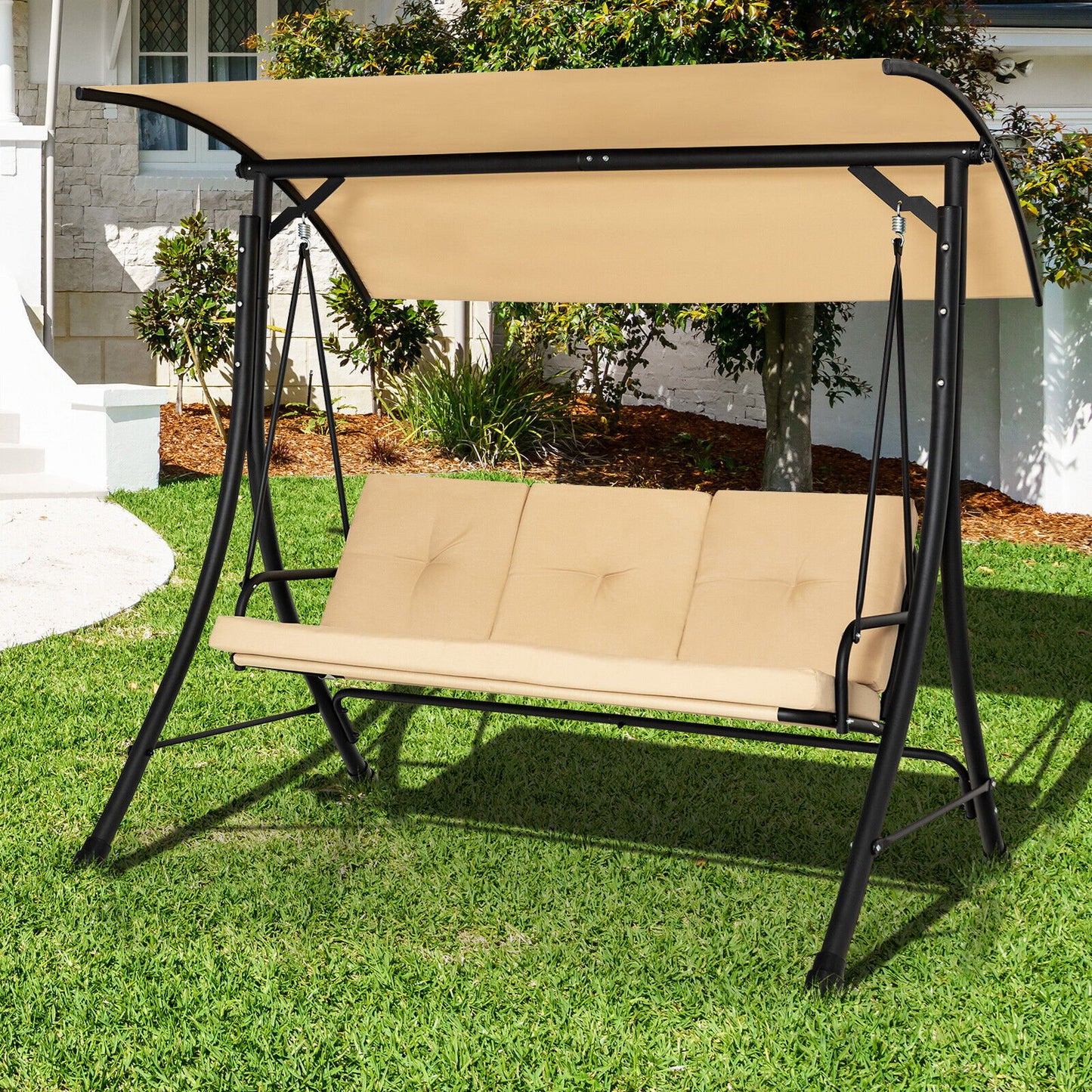 3-Seat Outdoor Porch Swing with Adjustable Canopy and Padded Cushions, Beige