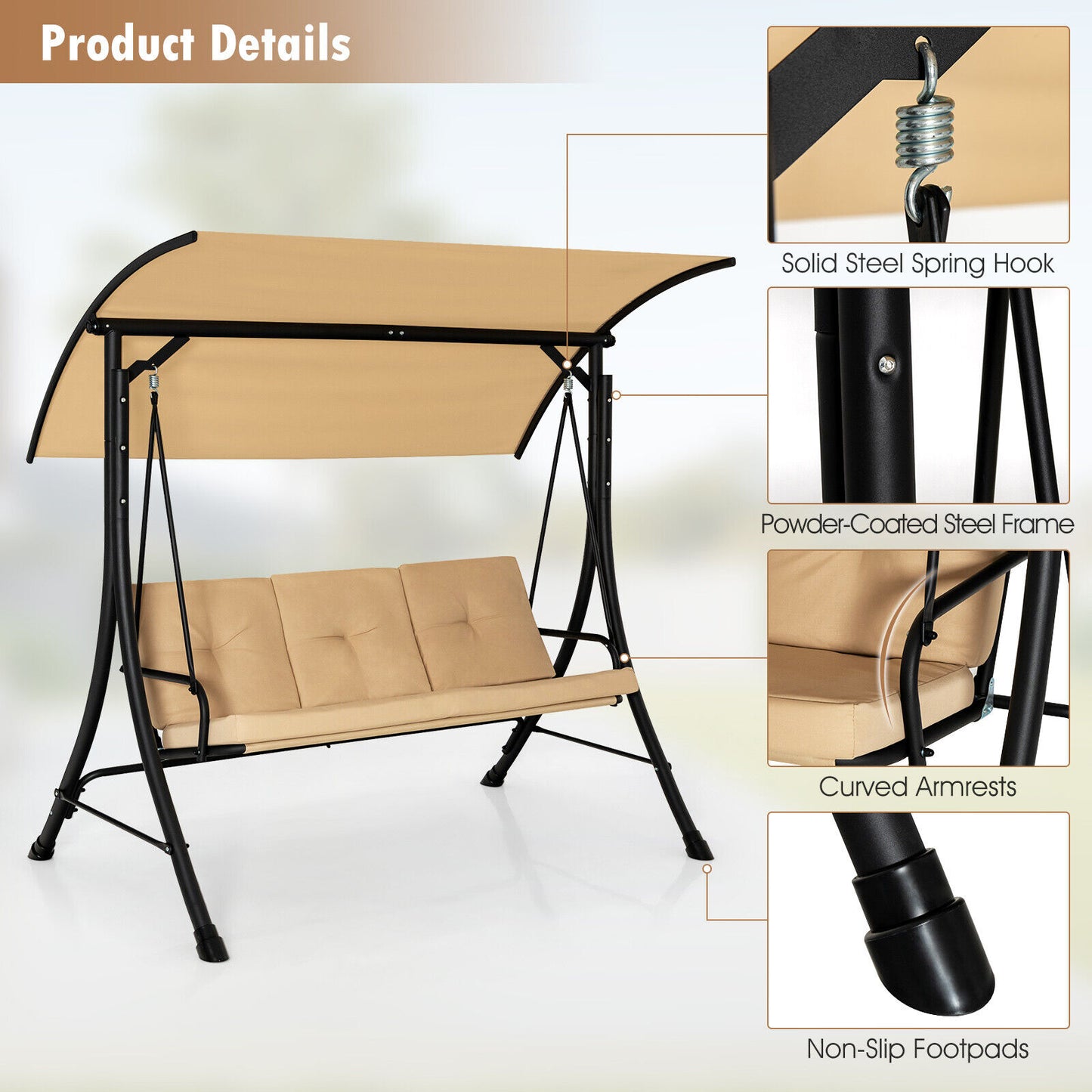 3-Seat Outdoor Porch Swing, Adjustable Canopy, Padded Cushions, Beige Porch Swings at Gallery Canada