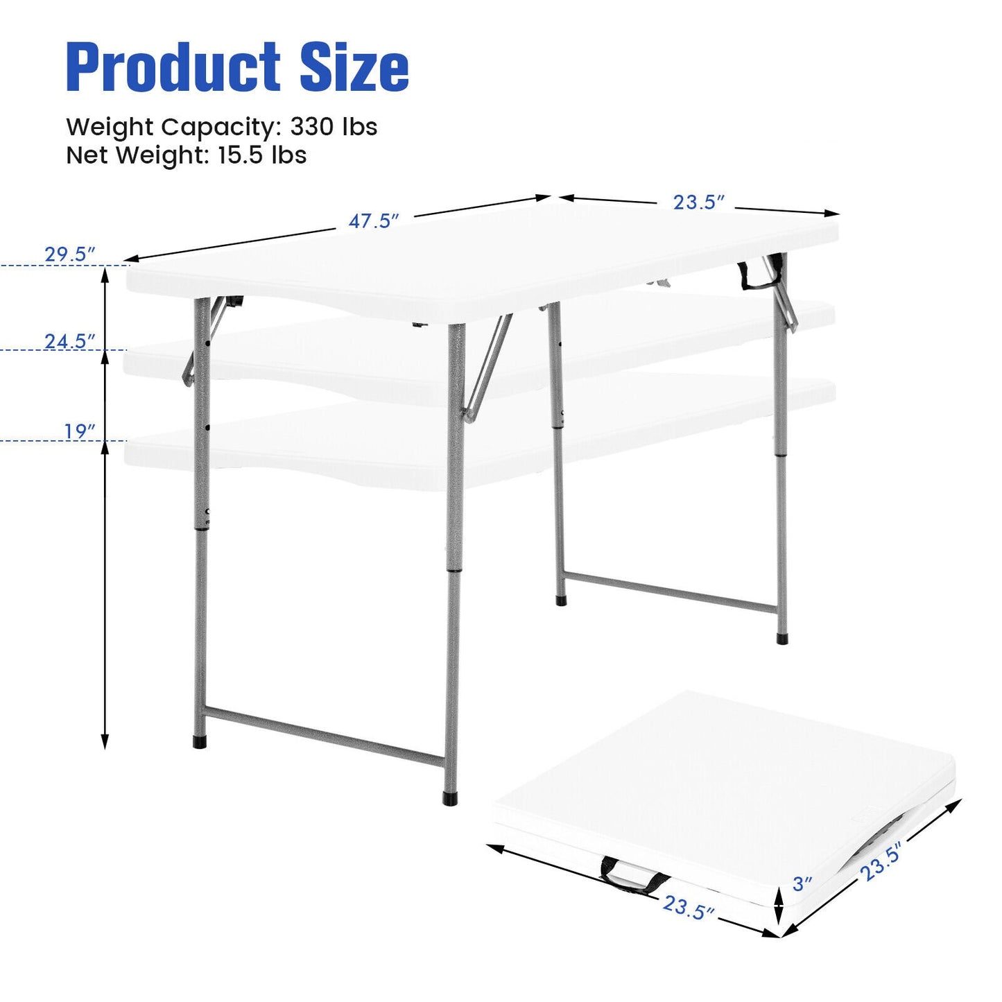 3-Level Height Adjustable Folding Table, White