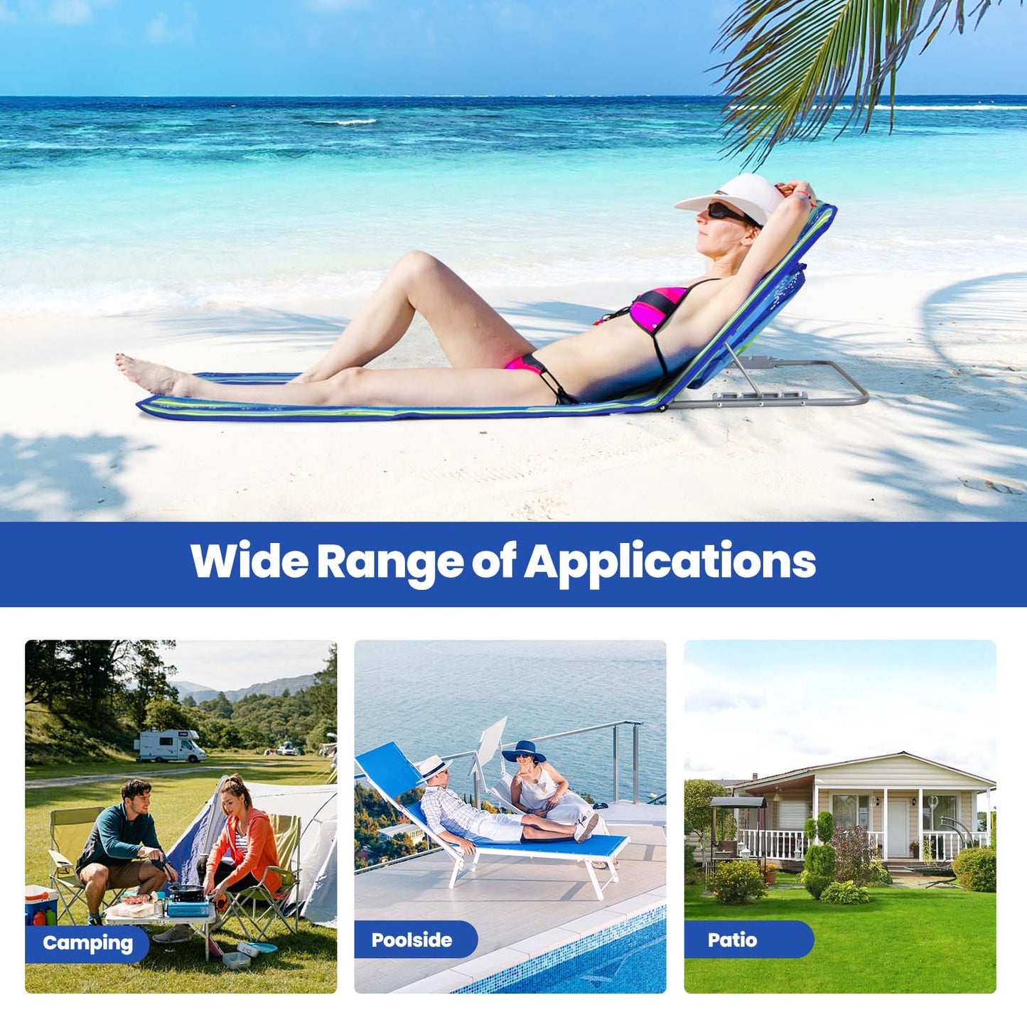 3 Piece Beach Lounge Chair Mat Set, 2 Adjustable Chairs With Table, Stripe-Stripe, Blue & Green Beach & Lawn Chairs at Gallery Canada