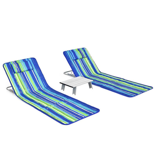 3 Pieces Beach Lounge Chair Mat Set 2 Adjustable Lounge Chairs with Table Stripe-Stripe, Blue & Green