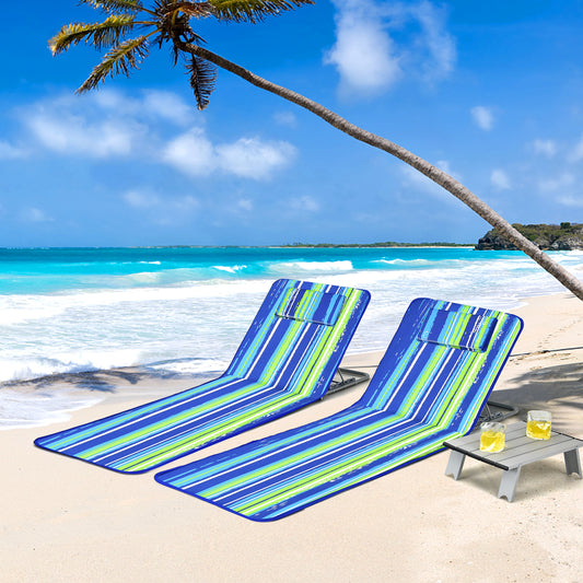 3 Piece Beach Lounge Chair Mat Set, 2 Adjustable Chairs With Table, Stripe-Stripe, Blue & Green Beach & Lawn Chairs Blue & Green at Gallery Canada
